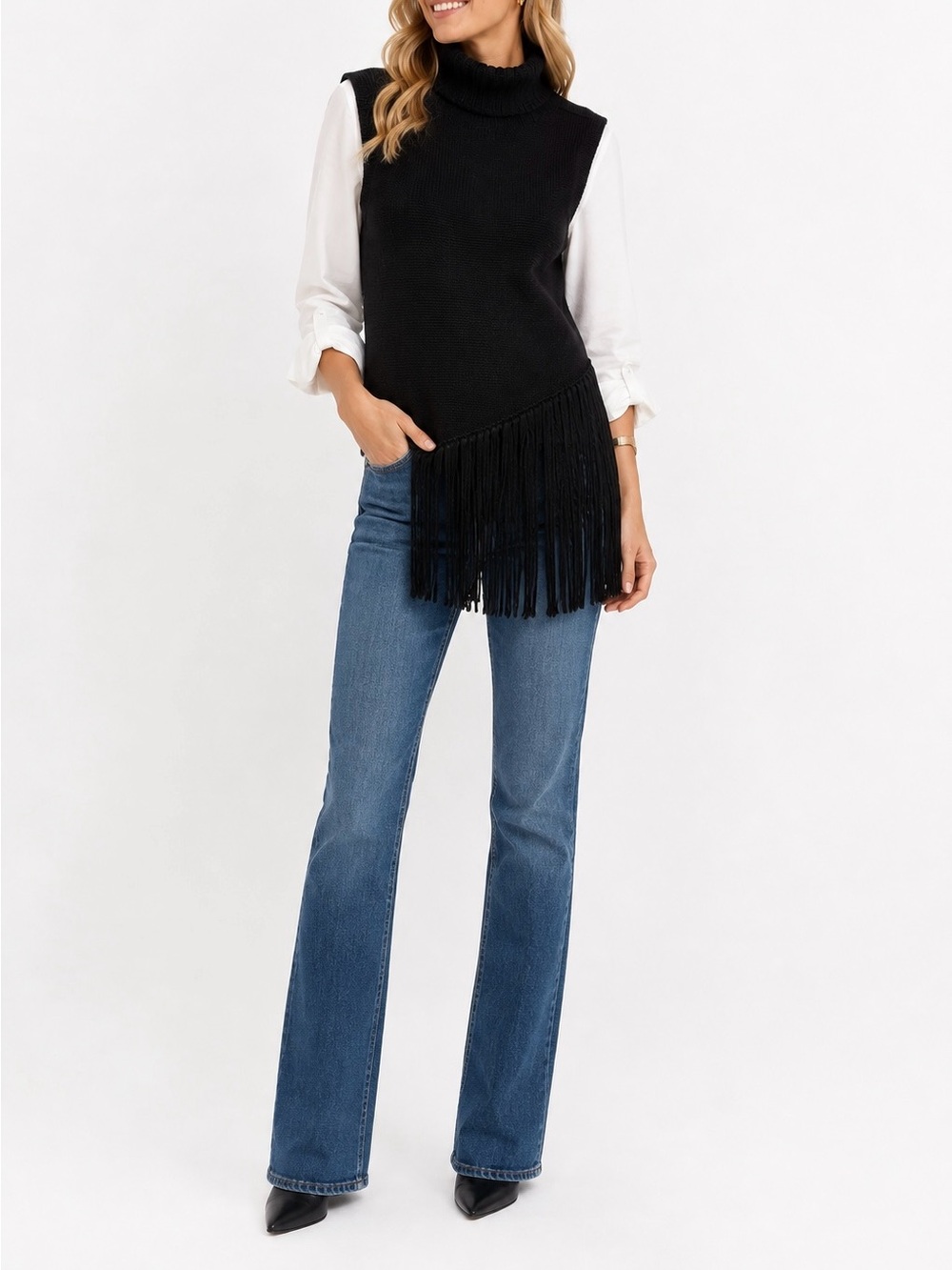 Classic Sleeveless Turtleneck Shaw with fringe
